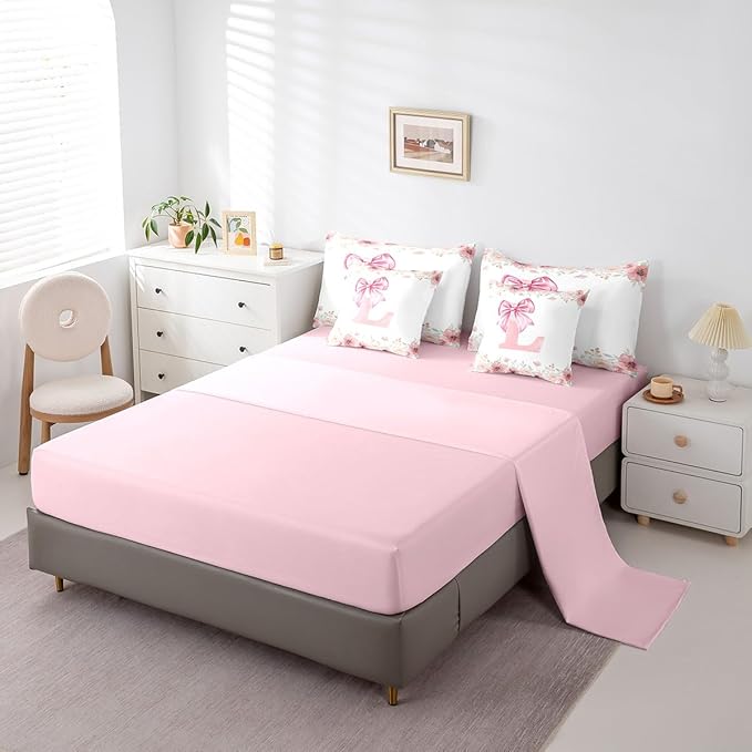 Pink Monogram L Bedding Sets, Cute Bow Tie Bowknot Bed in A Bag King Size for Girls Kids Teens Bedroom Decor Floral Rose Fresh Style Comforter Set with Sheets, 2 Pillowcases, 2 Throw Pillow Covers