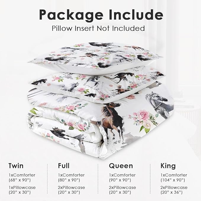 Full Size Comforter Set with 2 Pillowcases, Horses Soft 3 Pcs Bedding for Kids and Adults, Pink Rose Flower Comforter Set for Room Bedroom Bed Decor