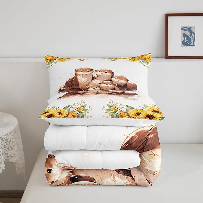 Watercolor Otter Kids Comforter Set Twin Size 2 Pcs Yellow Sunflowers Green Leaves Rustic Bedding Set for Boys Girls Teens Cute Cartoon Wild Animals Microfiber Duvet Set with 1 Pillowcase