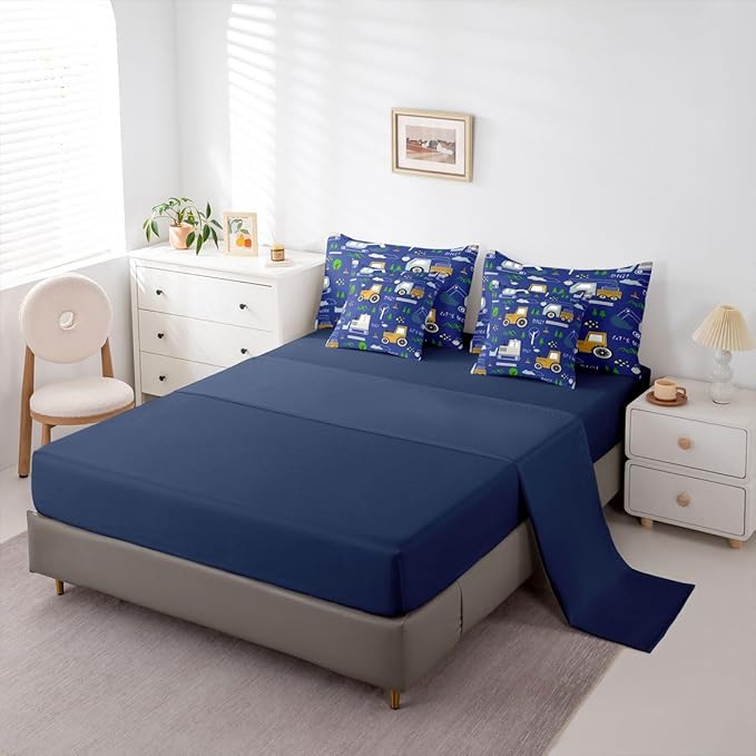 Feelyou Construction Comforter Set King Size 7 Pieces Equipment Trucks Bedding Set Kids Boys Excavator Tractor Bed in a Bag with Comforter, Sheets Construction Vehicles Blue Yellow Quilted