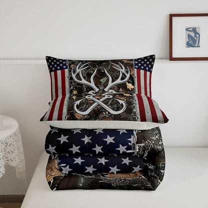 Deer Antler Fishing Comforter Set Twin Size,Boys Vintage American Flag Bedding Set for Kids Teens Men Room Decor Brown Jungle Branches Camo Quilted Duvet Adventure Hunting Duvet Insert 2pcs