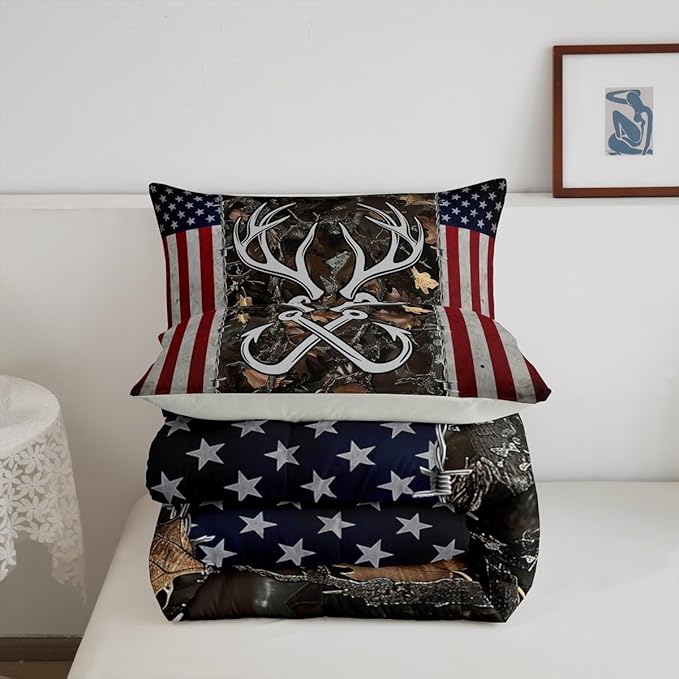 Deer Antler Fishing Comforter Set King Size,Boys Vintage American Flag Bedding Set for Kids Teens Men Room Decor Brown Jungle Branches Camo Quilted Duvet Adventure Hunting Duvet Insert 3Pcs