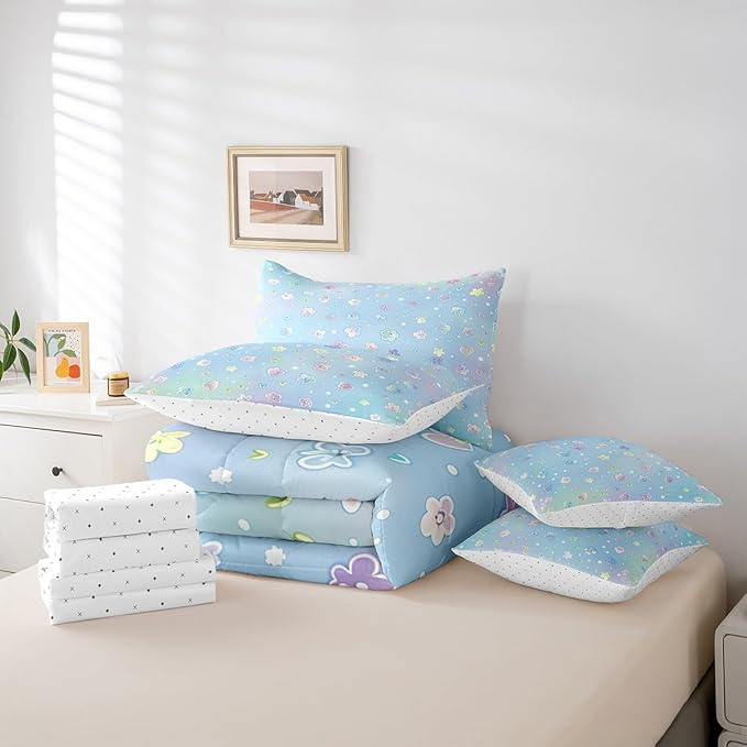 Feelyou Cute Flower 7 Piece Bedding Set Queen Size Cartoon Flower Bed in a Bag for Kids Girls Teens Toddler Rainbow Comforter Set with Sheets Cartoon Bed Set