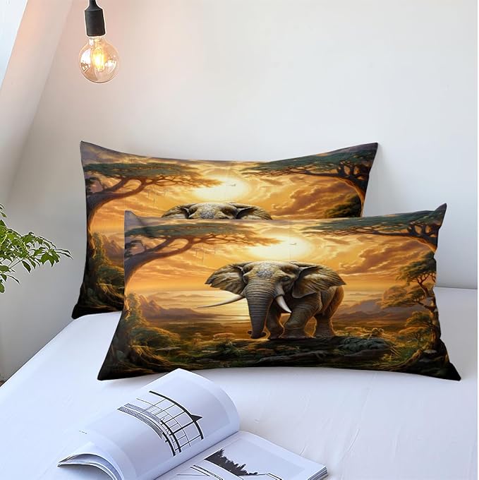 Elephant Fitted Bed Sheets Set Twin Size with A Pillow Cases Standard Size, Fitted Flat Sheet For Kids Girls Teens Adult Bedroom Decor, African Animal Bed Sheets Floral and Sun set Bedding Decor Set