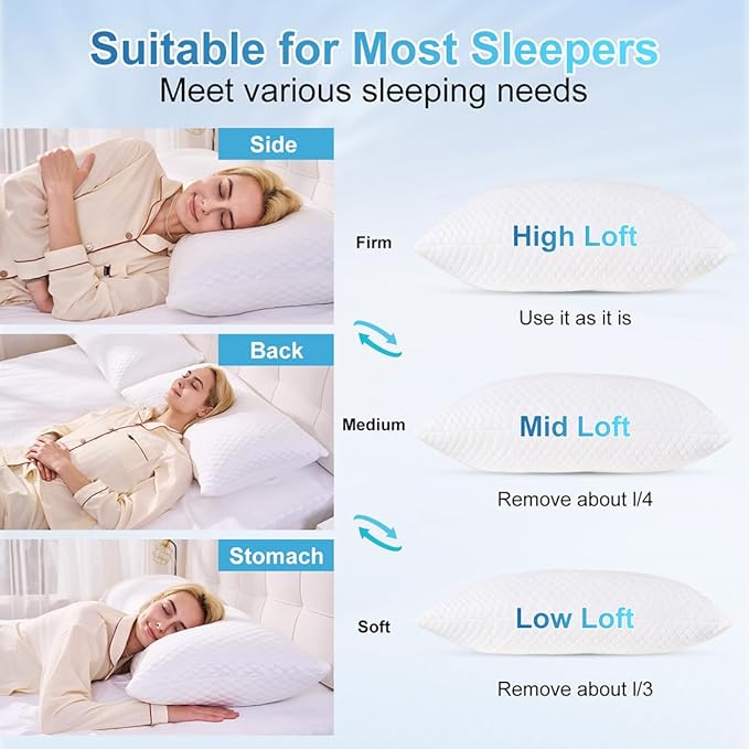 NTCOCO Cooling Bed Pillows Queen Size for Sleeping Shredded Memory Foam Bed Pillows Adjustable Gel for Side Stomach Back Sleepers Washable Removable Cover
