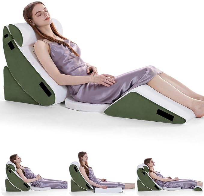 Wedge Pillow Set for After Surgery, 5 PCS Bed Wedge Pillow for Sleeping with Seat, Memory Foam Orthopedic Back Pillow for Pain Relief and Acid Reflux, Adjustable Post Surgery Pillow Green