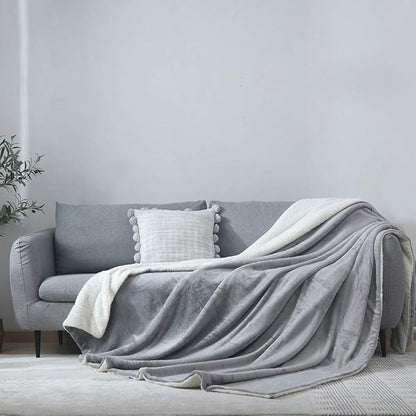 NANPIPER Flannel Blanket Reversible Sherpa Throw Blanket Super Soft Plush Warm Fleece Microfiber (90"x90",Light Gray) Queen
