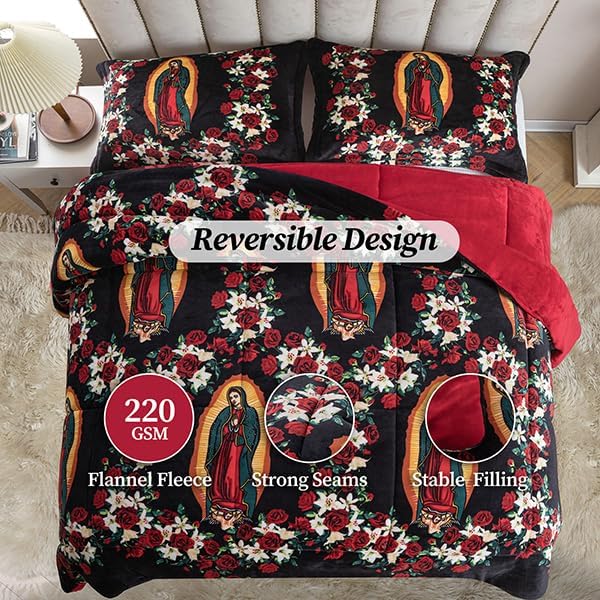 Petrichor Virgin Mary Guadalupe Velvet Flannel Queen Comforter Set-Luxury Fuzzy Heavy Bedding Set,3 Pieces Plush Winter Bed Set with Comforter (90"x90") & 2 Pillow Shams (20"x26")