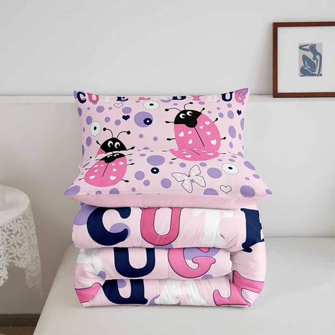 Castle Fairy Cute Ladybug Bedding Set Twin Size Funny Polka Dots Geometric Comforter for Child Teens Cartoon Butterfly Animal Down Comforter Heart Print Duvet Insert with 1 Pillowcase