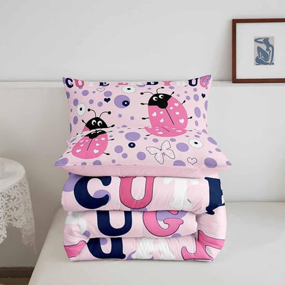 Castle Fairy Cute Ladybug Bedding Set King Size Funny Polka Dots Geometric Comforter for Child Teens Cartoon Butterfly Animal Down Comforter Heart Print Duvet Insert with 2 Pillowcases