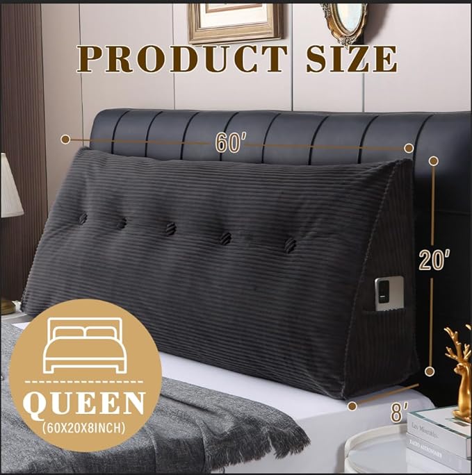 Wedge Headboard Pillow for Bed, Queen Dorm Headboard Support for Sitting Up Reading, Relaxing, Removable Washable Corduroy Cover, Polyester and Shredded Foam Filling, Gray