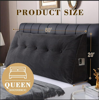 Wedge Headboard Pillow for Bed, Queen Dorm Headboard Support for Sitting Up Reading, Relaxing, Removable Washable Corduroy Cover, Polyester and Shredded Foam Filling, Gray