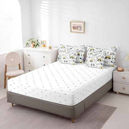 Feelyou Construction Comforter Set with Sheets 7 Piece Twin Size Cartoon Car Excavator Tractor Toddler Bedding Set Equipment Trucks Dinosaur Bed in a Bag Construction Vehicles White Yellow Bed Set