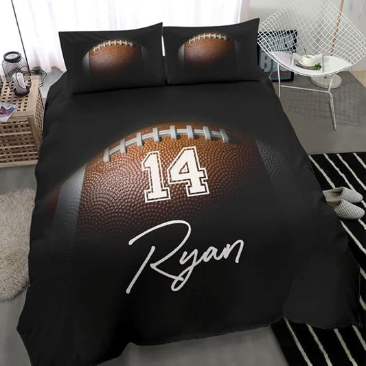 Personalized American Football Bedding Set, Kids 3 Piece Duvet Cover Set with Pillow Shams for Teens Boys, NO Comforter, Twin Size for Rugby Lovers (Football 05)