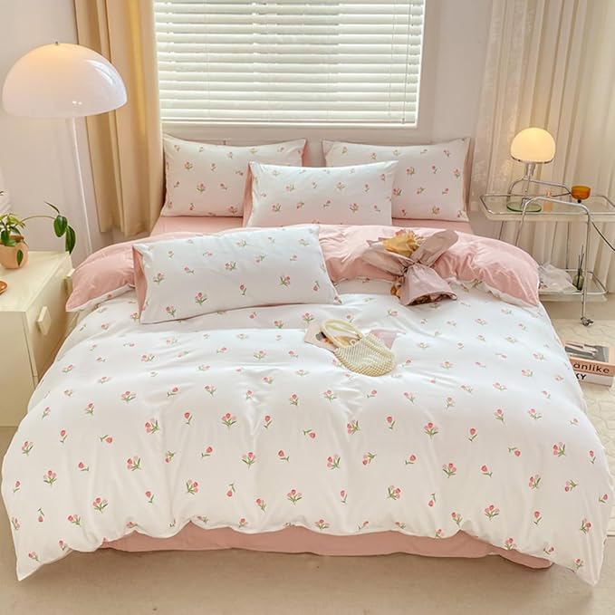 Floral Duvet Cover King 3Pcs Girls Cute Pink Tulips Duvet Cover Set Modern Aesthetic Bedding Set Ultra Soft Breathable Garden Flower Bedding with 2 Pillowcases(No Comforter)
