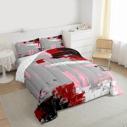 Feelyou Abstract Bedding Set Kids Modern Abstract Art Comforter Set Red Grey Pink Black Comforter for Boys Room Decor Lightweight Retro Duvet Set Full Size with 2 Pillow Case