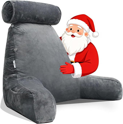 Extra Large Reading Pillow for Sitting in Bed Adult with Detachable Neck Support Cushion & Backrest Pillow for Bed with Arms and Side Pocket Shredded Foam Back Pillow with Washable Cover