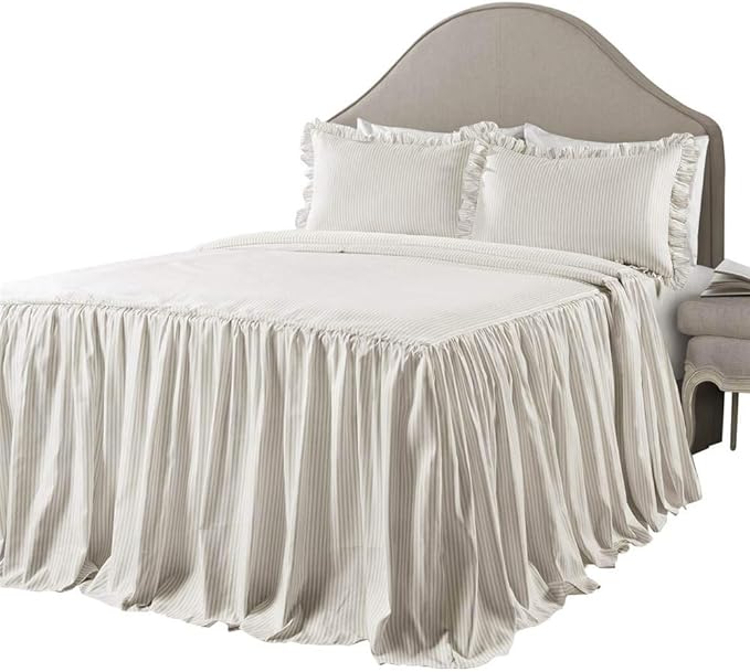 Lush Decor Ticking Stripe Bedspread Full Size 3 Piece Set Wheat - Ruffle Bedding Set Full Bedspreads - Kids Bedding - Farmhouse & Coquette Decor