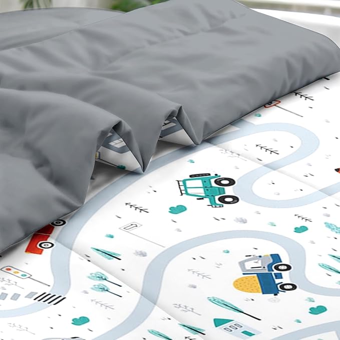 Comforter Set Twin Size, Cute Car City 5 Pcs Bedding for Kids and Adults, Cartoon Tree Truck Bed Sheet Sets with Fitted Sheet Pillowcase & Sham for Bedroom Bed Decor