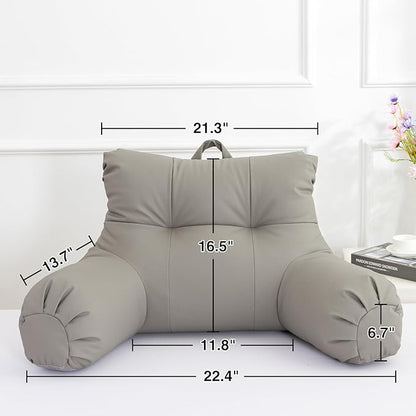 A Nice Night Faux Leather Reading Pillow for All Season,Wedge Bedrest Pillow Backrest with Arms Back Support for Sitting Up in Bed/Couch,Grey