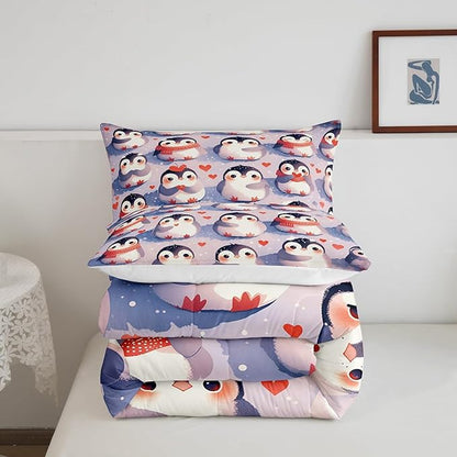 Cute Penguin Comforter Set Full Size for Kids Geometric Love Heart Bedding Sets All Season Kawaii Wildlife Animal Quilt Set Bedroom Decor Cartoon Penguins Down Comforter,3Pcs