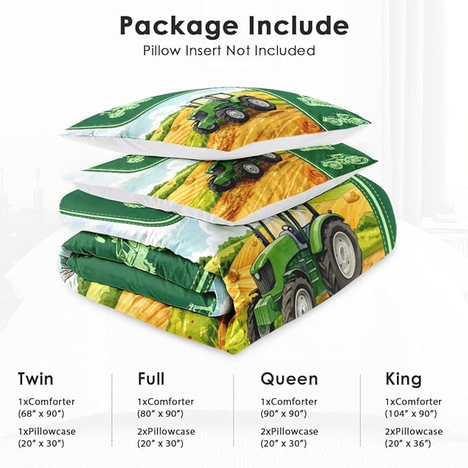 Full Size Comforter Set with 2 Pillowcase, Green Tractor Soft 3 Pcs Bedding for Kids and Adults, Watercolor Landscape Comforter Set for Room Bedroom Bed Decor