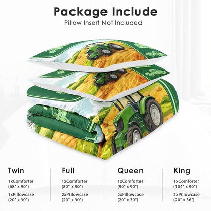 Queen Size Comforter Set with 2 Pillowcase, Green Tractor Soft 3 Pcs Bedding for Kids and Adults, Watercolor Landscape Comforter Set for Room Bedroom Bed Decor