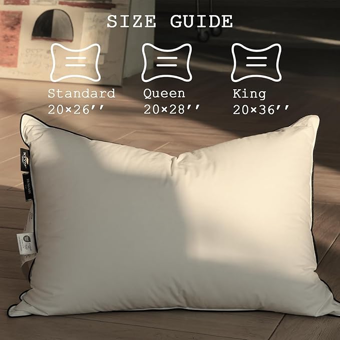 Luxury High Fill Power Goose Down Pillows 700Fill， Breathable Cotton Shell, Orthopedic Support for Back, Stomach Side Sleepers, King Size Bed Pillows 20"x36", 1 Pack