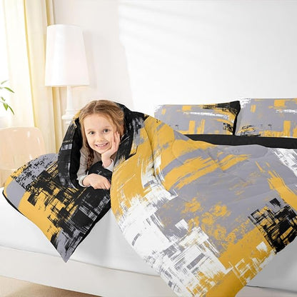 Feelyou Abstract Bedding Set Kids Modern Abstract Art Comforter Set Yellow Grey Black Comforter for Boys Room Decor Lightweight Retro Duvet Set Queen Size with 2 Pillow Case