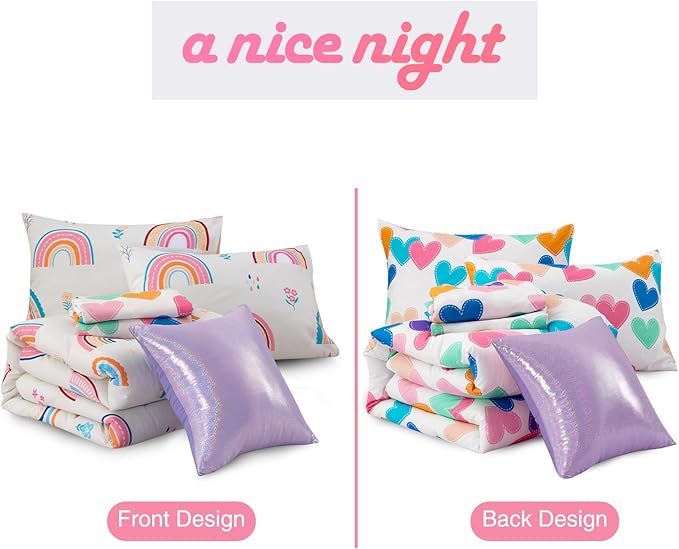 A Nice Night Rainbow Kids Comforter Set for Girls, Twin Size 6 Piece Bed in a Bag Soft Polyester Bedding Set with Floral, Grass & Rainbows Design