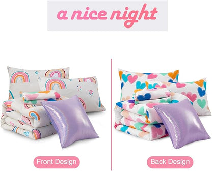 A Nice Night Rainbow Kids Comforter Set for Girls, Twin Size 6 Piece Bed in a Bag Soft Polyester Bedding Set with Floral, Grass & Rainbows Design