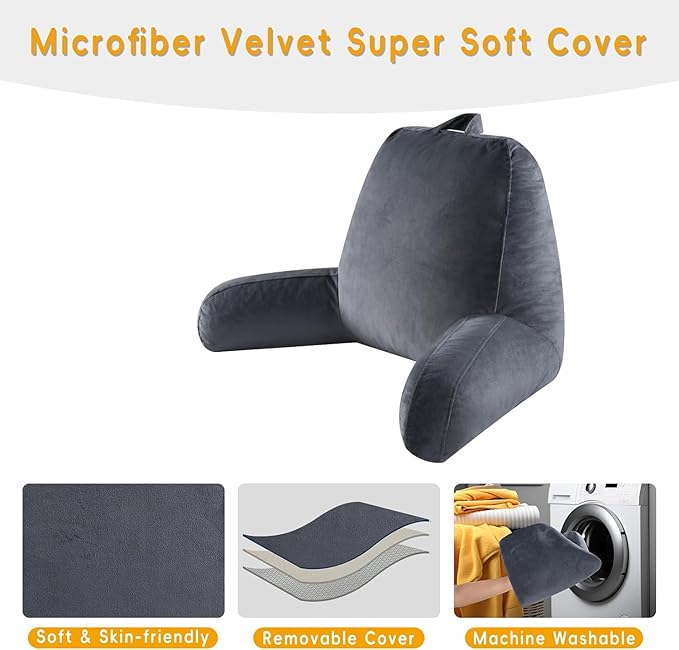 Reading Pillow for Sitting in Bed Adult, 18" H for Bed Sitting Up with Shredded Memory Foam, Back Support with Washable Cover, Backrest Pillow with Extend Arms, Gery, Large