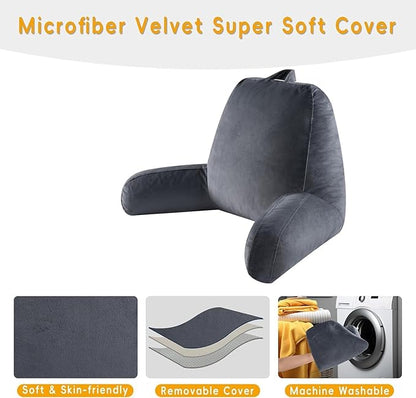 Reading Pillow for Sitting in Bed Adult, 18" H for Bed Sitting Up with Shredded Memory Foam, Back Support with Washable Cover, Backrest Pillow with Extend Arms, Gery, Large