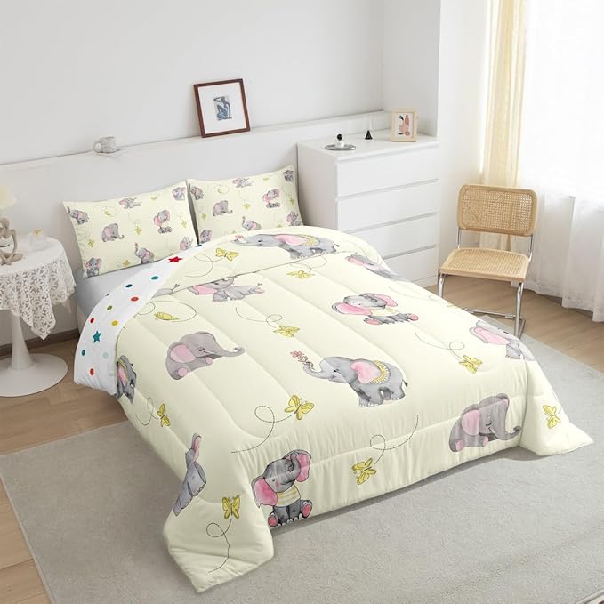 Kawaii Elephant Kids Comforter Set King Size,Yellow Butterfly Cartoon Wildlife Reversible Quilted Duvet with 2 Pillowcases Watercolor Grey Pink Animal Comforter for Boys Teens Bedroom