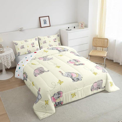 Kawaii Elephant Kids Comforter Set Queen Size,Yellow Butterfly Cartoon Wildlife Reversible Bedding Set for Girls Bedroom Decor Watercolor Grey Pink Animal Quilted Duvet,2 Pillowcases