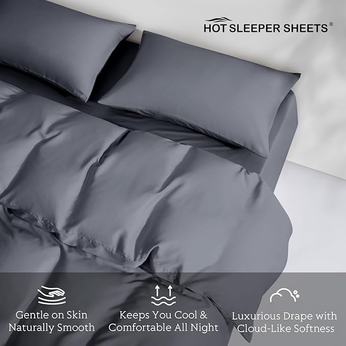 Tencel Duvet Cover Set, King/Cal King Size Cooling Duvet Cover for Hot Sleepers, 100% Eucalyptus Lyocell, 3 Pieces, 1 Zipper Closure Duvet Cover (106" x 90") and 2 Pillowcases (20" x 40") - Dark Grey