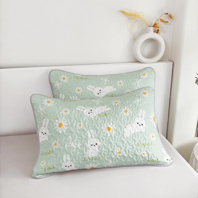 AILONEN Cartoon Rabbit Full Size,Floral Bunny Bedspread Coverlet for Kids,3Pcs Kawaii Animal Printed Green Quilt & 2 Pillowcases,Soft Lightweight