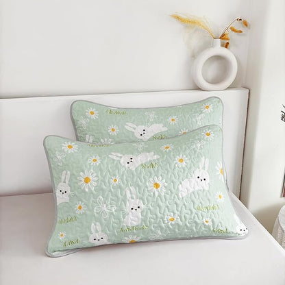 AILONEN Cartoon Rabbit Full Size,Floral Bunny Bedspread Coverlet for Kids,3Pcs Kawaii Animal Printed Green Quilt & 2 Pillowcases,Soft Lightweight