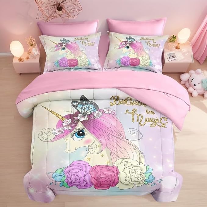 Full Size Comforter Set with 2 Pillowcases & 2 Shams, Cute Unicorn Butterfly 7 Pcs Bedding for Kids and Teens, Princess Flower Horse Bed in a Bag with Flat Fitted Sheet
