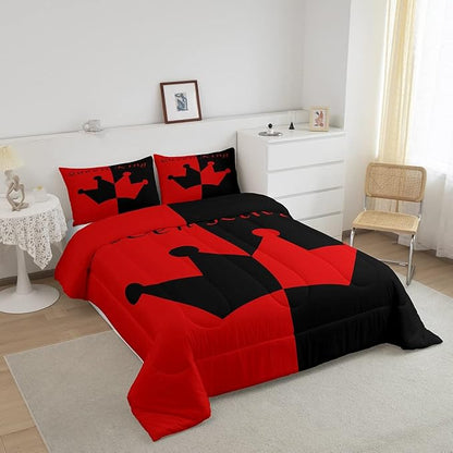 Feelyou Crown Queen King Comforter Soft Quilt,His Hers Matching Couple Bedding Set for Girls Boys Teens, Romantic Valentine's Day Black Red Comforter Set Collection 3Pcs King Size Boys