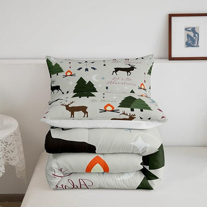 Adventure Deer Bedding Set Twin Size,Cartoon Pine Tree Jungle Animals Comforter Set,Arrow and Stars Moon Quilt Set for Kids Girls Boys Adult Room Decor Rustic Camping Duvet Insert Green 2Pcs