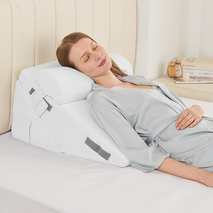 Sasttie Wedge Pillow Set for After Surgery, 2PCS Adjustable Bed Wedge Pillow Headboard with Memory Foam Neck Cushion – for Acid Reflux, Sleeping, Neck & Back Support, White