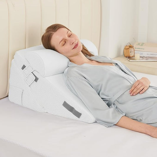 Sasttie Wedge Pillow Set for After Surgery, 2PCS Adjustable Bed Wedge Pillow Headboard with Memory Foam Neck Cushion – for Acid Reflux, Sleeping, Neck & Back Support, White