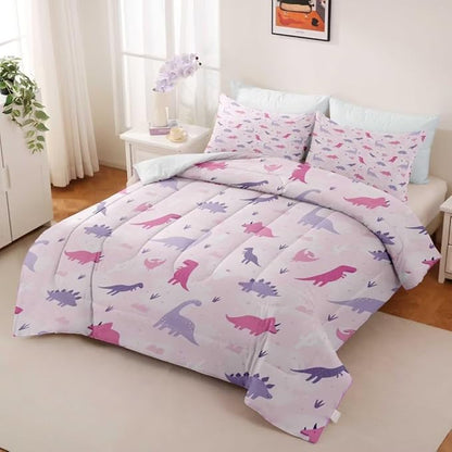 Dinosaur Comforter Set for Kids, Girls & Teens - Queen Size, Cute Pink & Purple Dino Bedding with 1 Comforter & 2 Pillowcases, Kawaii Animals Dinosaur Bedroom Decor