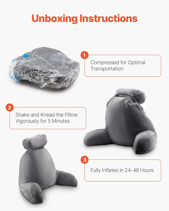 VEVOR Reading Pillow, Extra Large Bed Pillow for Sitting Up with Removable Headrest &3 Pockets, Back Pillow for Bed with Shredded Memory Foam, Pillow with Arms for Reading, Gaming, Resting, Grey
