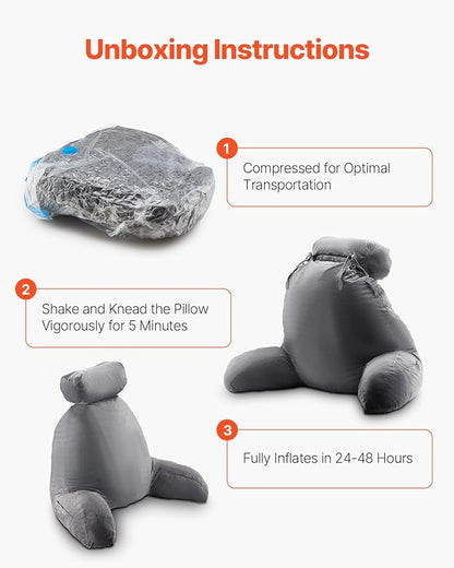 VEVOR Reading Pillow, Extra Large Bed Pillow for Sitting Up with Removable Headrest &3 Pockets, Back Pillow for Bed with Shredded Memory Foam, Pillow with Arms for Reading, Gaming, Resting, Grey