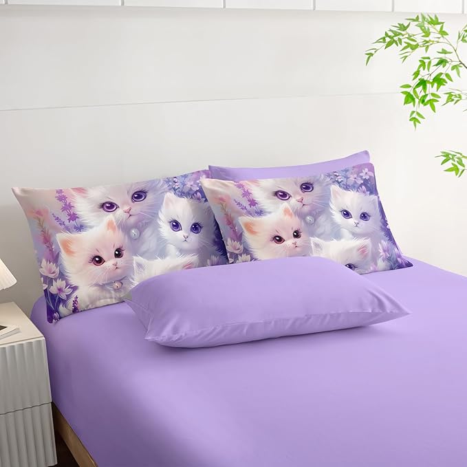 Cat Bedding 7 Piece Comforter Set Full Size,Cute Animal Themed Bed Set for Girls Room Decor,Kids Bedding with 1 Comforter,1 Flat Sheet,1 Fitted Sheet,4 Pillowcases.
