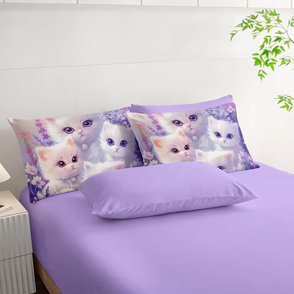 Cat Bedding 7 Piece Comforter Set Queen Size,Cute Animal Themed Bed Set for Girls Room Decor,Kids Bedding with 1 Comforter,1 Flat Sheet,1 Fitted Sheet,4 Pillowcases.
