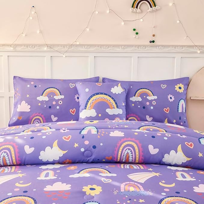 ANGIYUIN Purple Queen Size Comforter Set for Girls 6Pcs Kids Bed in A Bag Rainbow Bedding Comforter Set with Sheets Decorative Cloud, Love, Saleboat and Moon,Purple, Queen