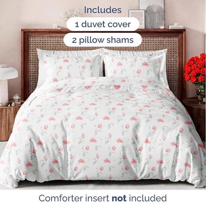 Duvet Cover Full Size Set - Extra Soft Floral Duvet Cover 80 x 90 with 2 Pillow Shams - Comfy, Breathable Floral Bedding Set - Hotel Luxury Easy-Care & Fade Free with Zipper Closures & Ties - Rosebud